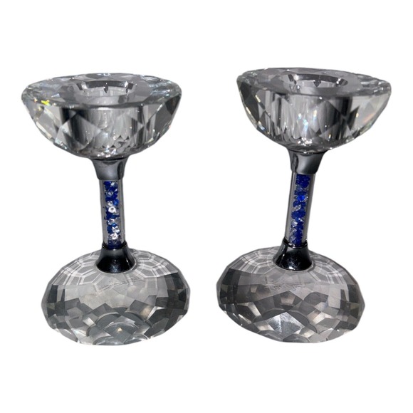 Oleg Cassini Crystal Candlesticks Signed Blue Clear Rhinestone Filled‎ - Picture 1 of 5